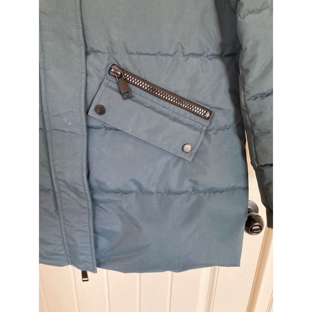 Rebecca Minkoff Teal Blue Quilted Puffer Coat Faux Fur Hood RM-0033 Size L - Picture 7 of 13
